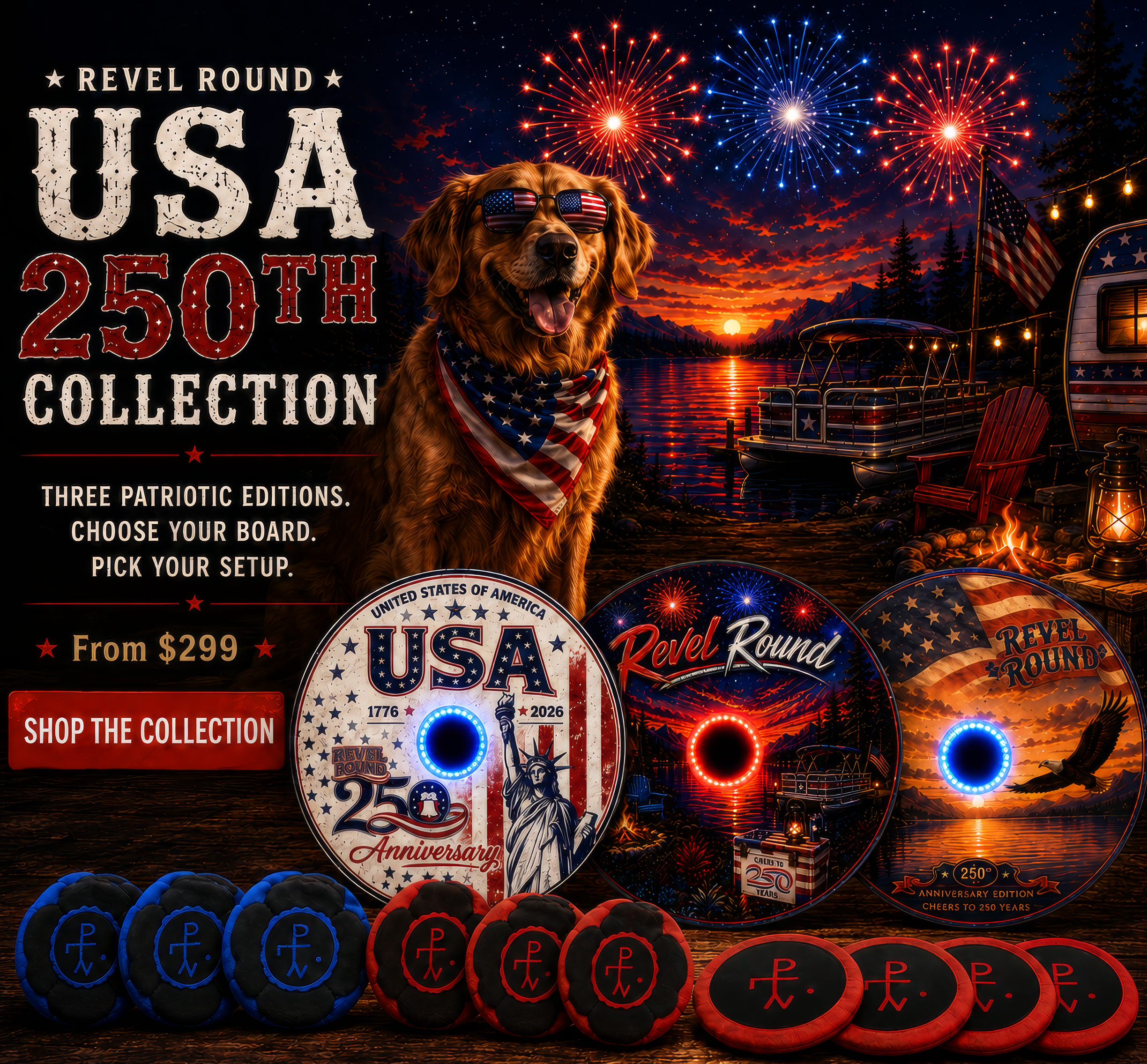 Promotional image for Revel Round USA 250th Collection with patriotic elements and a dog wearing an American flag bandana.