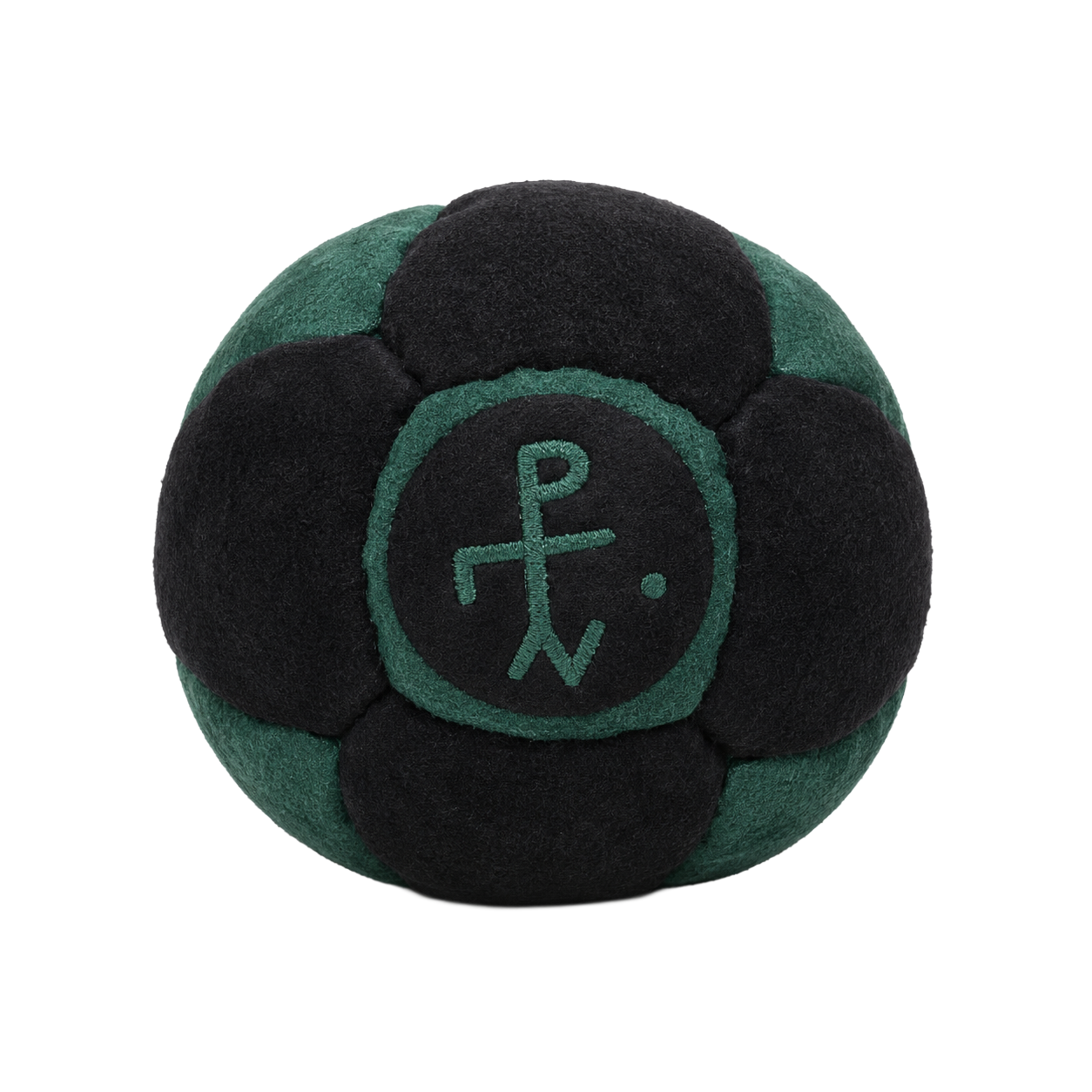 Black and green footbag with a logo on a white background
