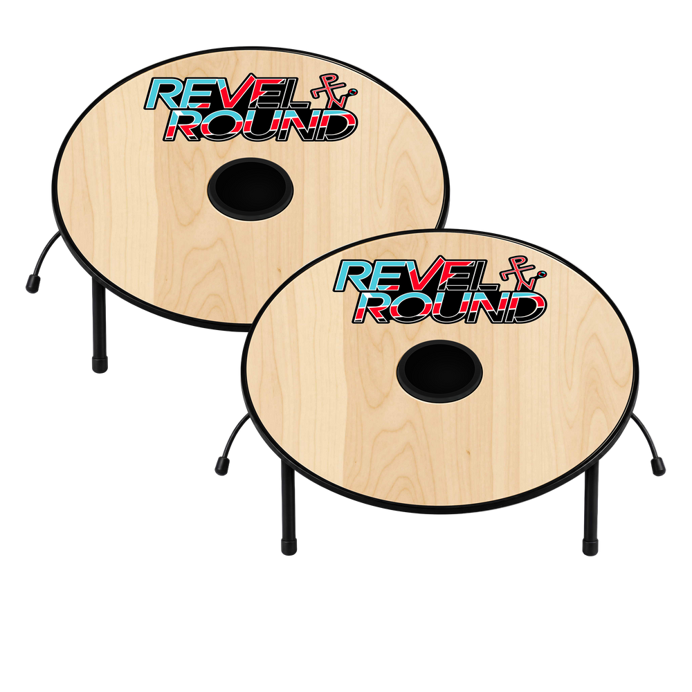 Revel Round OG natural birch Red/Blue two-board set in play position