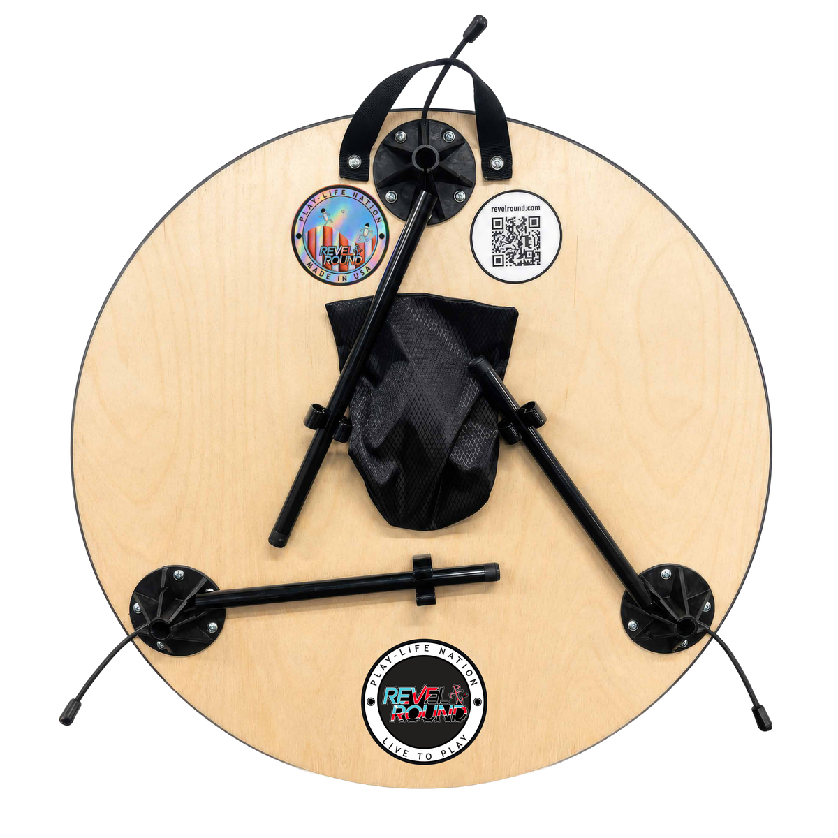 Back of the Revel Round board showing folded aluminum legs, storage pouch, three mounts and carry strap
